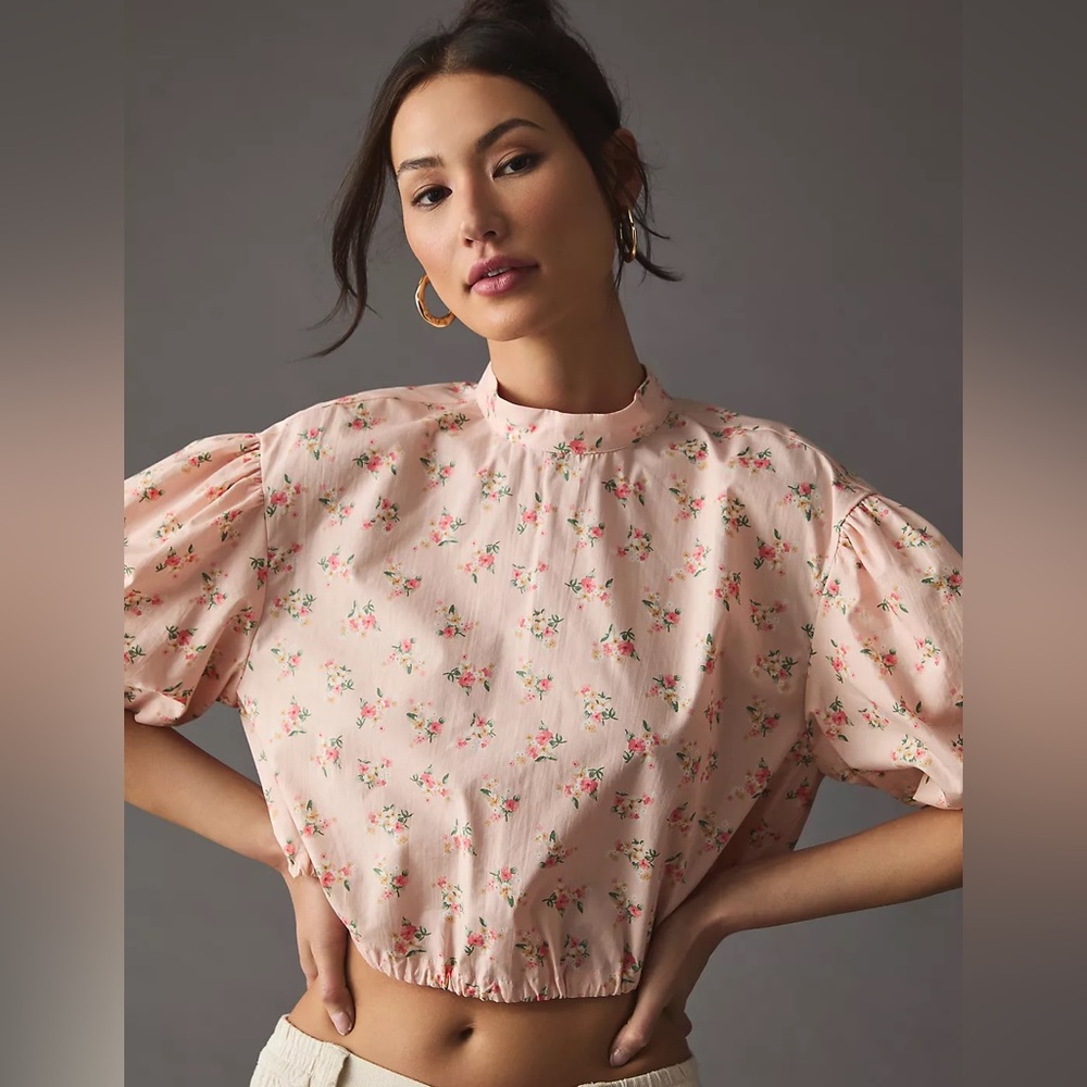 By Anthropologie Cropped Bubble-Sleeve Blouse